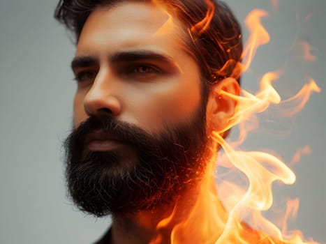 Handsome bearded man on fire