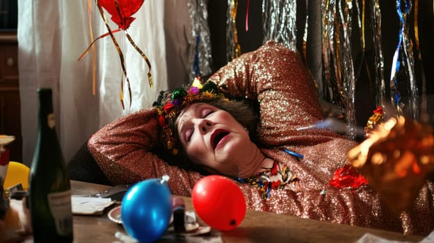 A woman in a sparkly outfit rests on a table after a lively New Years Eve celebration surrounded by balloons and party decorations.