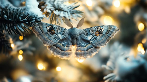 A moth perches on a frosted pine tree illuminated by delicate glowing lights that create a magical atmosphere.