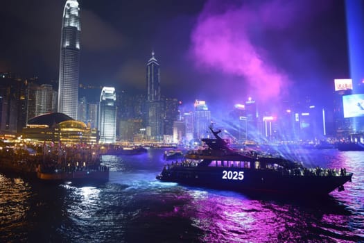 A vibrant boat parade fills Hong Kong harbor with colorful lights as spectators enjoy the festive atmosphere and skyline views.