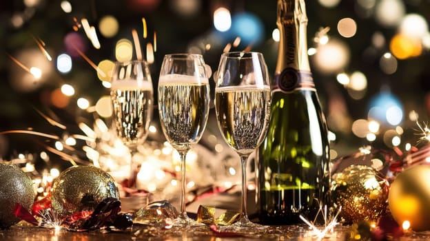 Three glasses of champagne sit beside a bottle surrounded by festive decorations and twinkling lights during a celebration.