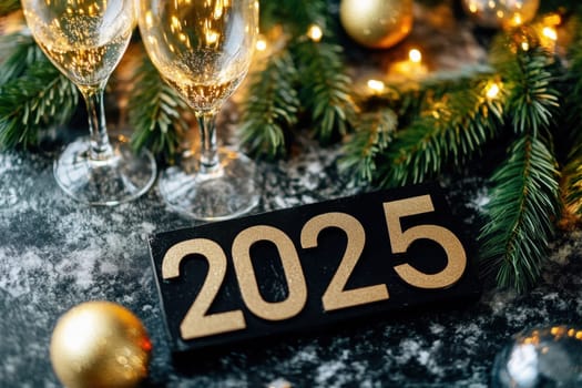 Cheerful decorations welcome the year 2025 with sparkling glasses and festive ornaments nestled among lush greenery and soft lights.
