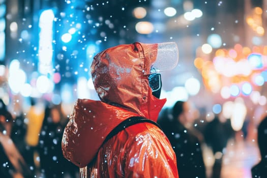 A person wearing a bright red raincoat stands in the midst of falling snowflakes on bustling city streets at night.