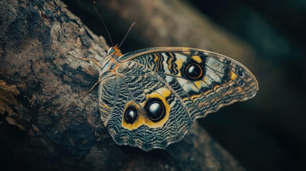 A colorful butterfly with distinctive patterns rests quietly on the textured bark of a tree surrounded by a natural environment.