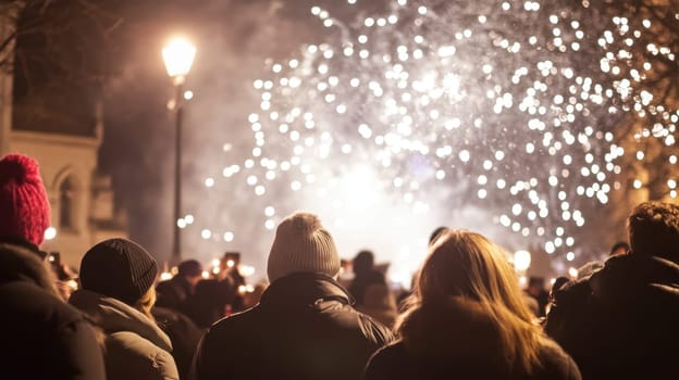 A diverse crowd gathers under the stars to witness a vibrant fireworks show lighting up the night sky during winter festivities.