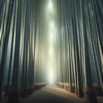 A serene scene depicting a path leading through a dense bamboo forest. Sunlight filters through the bamboo stalks, creating a soft, ethereal glow. A high-quality photo.