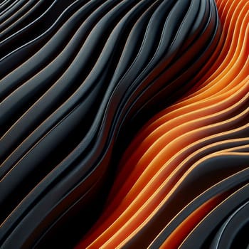 Abstract 3D rendering of undulating, curved lines in black and orange against a dark background. The lines create a sense of depth and movement. A high-quality photo.