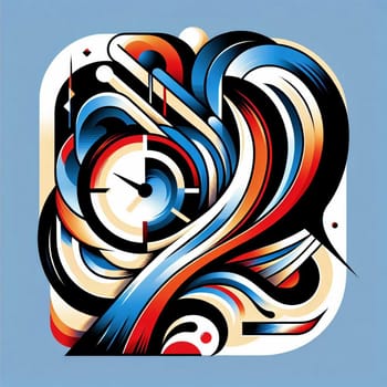 An abstract, geometric illustration featuring a clock face surrounded by swirling lines and shapes in a vibrant color palette of blue, red, orange, and white. A high-quality photo.