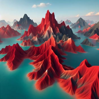 A 3D rendering of a dramatic landscape featuring a series of red mountains rising from a turquoise sea. The mountains are rendered with a textured, geometric look. A high-quality photo.