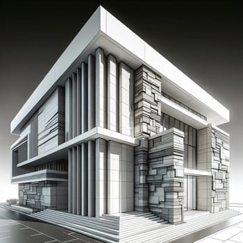A 3D rendering of a modern building with a geometric facade featuring a mix of smooth and textured surfaces. The rendering is in grayscale. A high-quality photo.