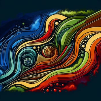 A colorful and abstract image featuring a swirling, layered pattern of lines and shapes in shades of blue, green, yellow, red, and orange. The design creates a sense of energy. A high-quality photo.