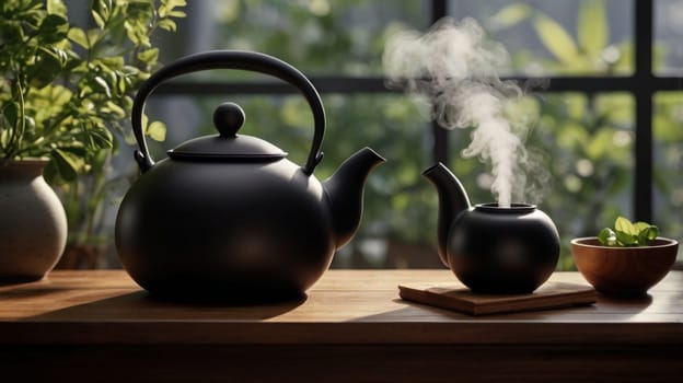 A still life image of a black teapot and a small black teacup on a wooden table. Steam is rising from the teacup, creating a sense of warmth and relaxation. A high-quality photo.