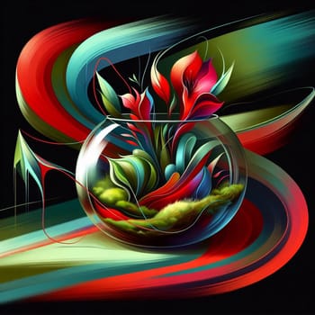 A vibrant and colorful illustration featuring a glass bowl filled with stylized flowers and leaves. The background is a swirl of red, blue, and green lines. A high-quality photo.