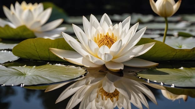 A close-up of a white water lily with a golden center, floating on a pond. The lily's reflection is visible in the water, creating a symmetrical and beautiful scene. A high-quality photo.