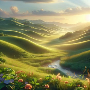 A picturesque landscape with rolling green hills, a winding river, and a warm, golden sunset. The scene is filled with wildflowers and a sense of peace and tranquility. A high-quality photo.