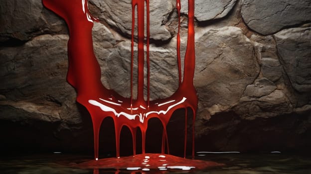 A close-up of red liquid dripping from a rock formation onto a pool of water. The liquid creates a dramatic and ominous effect, suggesting blood or another viscous substance. A high-quality photo.
