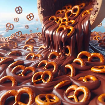 A close-up shot of melted chocolate being poured over pretzels. The image shows the delicious and decadent process of making chocolate-covered pretzels. A high-quality photo.