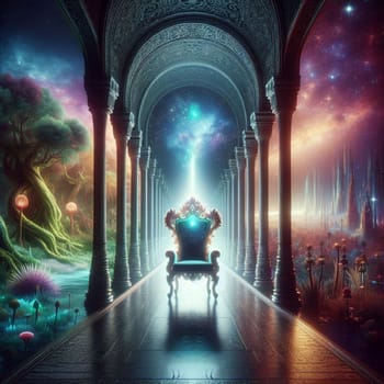 A fantasy scene with a large, ornate throne in the center of a grand hallway with arches. The hallway is illuminated by a bright, celestial light. A high-quality photo.