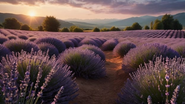 A photograph of a field of lavender flowers at sunrise. The flowers are in full bloom, creating a sea of purple against a backdrop of golden light. A high-quality photo.
