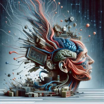 A surreal, futuristic image depicting a human head with a brain, wires, and mechanical parts, symbolizing the merging of technology and humanity. A high-quality photo.