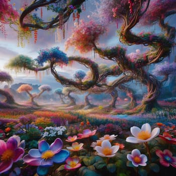 A vibrant, fantasy scene of a forest with trees adorned with colorful flowers and vines. The scene is filled with a sense of magic and wonder. A high-quality photo.