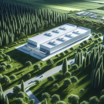 An aerial view of a modern, white building complex nestled amidst a green forest. The scene suggests a sustainable and eco-friendly approach to architecture. A high-quality photo.