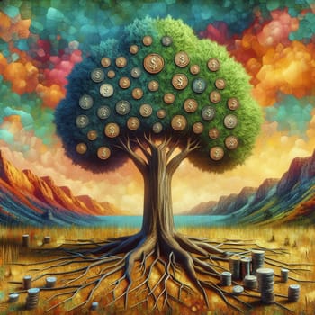 A surreal painting of a money tree with dollar coins as leaves and roots, symbolizing wealth and prosperity. The tree is set against a colorful landscape with a lake. A high-quality photo.