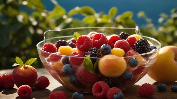 A still life of a glass bowl filled with fresh berries and fruit. The bowl is surrounded by scattered fruit on a wooden table, suggesting a delicious and healthy snack. A high-quality photo.