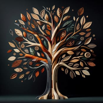 A stylized tree made entirely of different types and textures of wood. The tree is intricate and detailed, with a variety of leaves, branches, and a trunk. A high-quality photo.