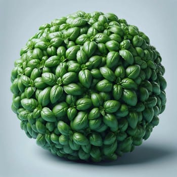 A 3D render of a sphere made entirely of basil leaves. The leaves are arranged tightly together, creating a smooth and vibrant green surface. A high-quality photo.