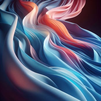 Abstract 3D render of a flowing fabric made of blue and orange hues. The fabric is draped and twisted, creating a sense of movement and flow. A high-quality photo.
