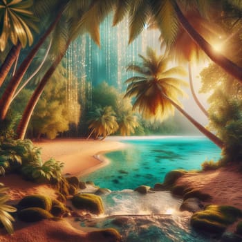 A serene, tropical beach scene with palm trees, turquoise water, and a golden waterfall cascading into the ocean. The scene is filled with a sense of tranquility and paradise. A high-quality photo.