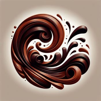 3D rendering of an abstract swirling design composed of chocolate and dark chocolate. The swirls are dynamic and fluid, suggesting the smooth texture of chocolate. A high-quality photo.