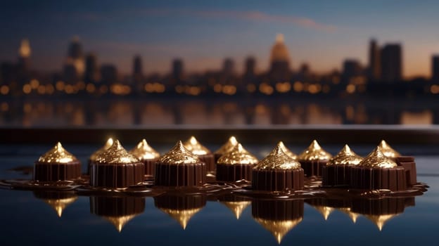 A still life of a row of chocolate truffles topped with gold leaf, resting on a dark surface with a city skyline in the background. A high-quality photo.