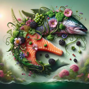 A surreal and dreamlike image of a salmon with a human-like face, adorned with flowers, berries, and greenery. The salmon is floating above a wave-like ocean. A high-quality photo.