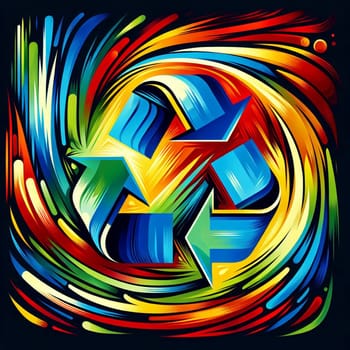A colorful, abstract illustration of a recycling symbol. The symbol is surrounded by swirling, colorful lines and shapes, suggesting the concept of renewal and sustainability. A high-quality photo.