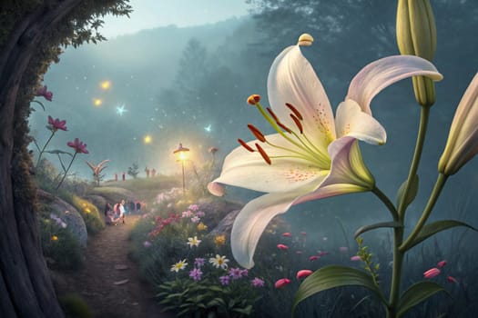 A magical forest scene with a path leading through glowing flowers and fireflies, illuminated by a lantern. A large white lily stands in the foreground. A high-quality photo.