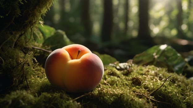 A close-up of a peach resting on a bed of green moss in a forest. The peach is soft and plump, with a delicate blush of pink. A high-quality photo.
