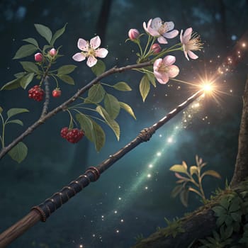 A magical scene of a wizard's wand casting a spell over a blooming apple branch. The wand emits a bright, golden light, and the scene is filled with a sense of enchantment. A high-quality photo.