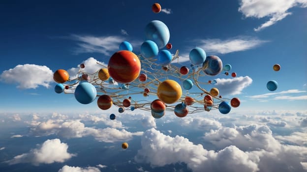 A 3D render of a network of golden lines connecting colorful spheres floating in a blue sky with white clouds. The image suggests a concept of interconnectedness. A high-quality photo.