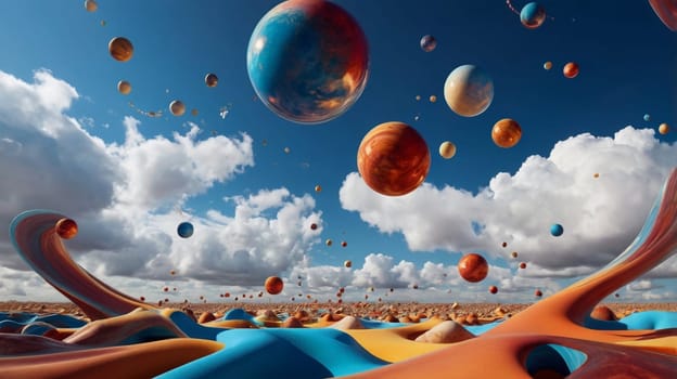 A surreal, abstract landscape with a sky filled with colorful planets and a ground made of swirling, colorful shapes. The image suggests a sense of wonder. A high-quality photo.