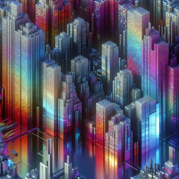A geometric, abstract image depicting a cityscape made of metallic, iridescent blocks. The blocks are arranged in a grid pattern, creating a futuristic and dynamic effect. A high-quality photo.