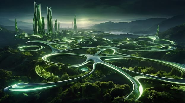 A futuristic, green city with a network of winding roads and buildings. The city is set against a backdrop of mountains and a cloudy sky. A high-quality photo.