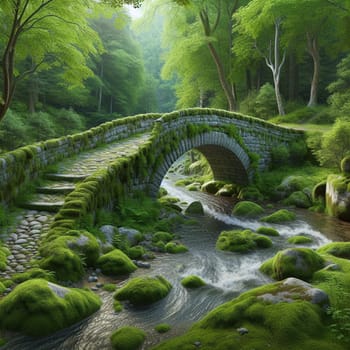 A beautiful, tranquil scene of a stone bridge arching over a flowing stream in a lush, green forest. The scene evokes a sense of peace and serenity. A high-quality photo.