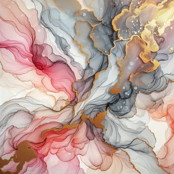 A colorful, abstract painting of flowing, organic shapes in shades of pink, gray, and gold. The painting suggests a sense of movement and fluidity. A high-quality photo.