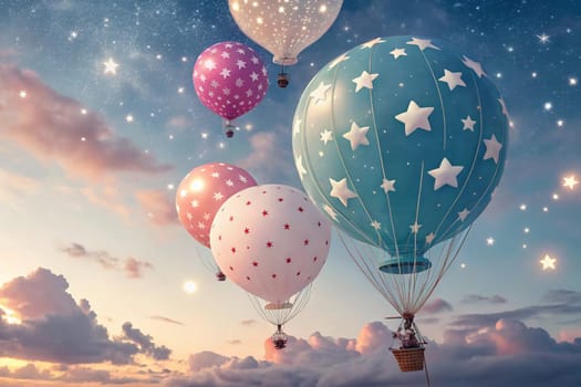 A whimsical image of hot air balloons with star patterns floating against a starry night sky. The scene evokes a sense of adventure and wonder. A high-quality photo.