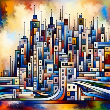 A geometric, abstract painting depicting a cityscape with colorful blocks and lines. The painting suggests a sense of order and complexity. A high-quality photo.