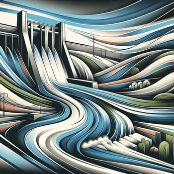An abstract illustration of a hydroelectric dam releasing water, with swirling, blue lines representing the flow of energy and power. A high-quality photo.