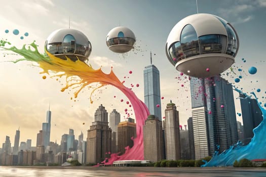A futuristic cityscape with colorful paint splatters flying through the air, and three flying vehicles. The scene suggests a world of creativity and innovation. A high-quality photo.
