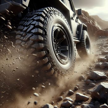 A close-up shot of a black 4x4 off-road vehicle driving through a rocky desert landscape. The image emphasizes the power and ruggedness of the vehicle. A high-quality photo.
